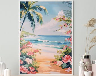 Watercolor Palm Tree Beach Print: Pink & Turquoise Coastal Art (Digital Download)