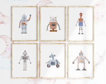 Watercolor Robots Nursery Print Set: Neutral Playroom Decor (Digital Download)