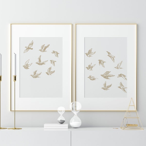 Bird Flock Abstract Printable Set, neutral wall art,  Set of two, Taupe decor, flying doves, minimal decor, Modern printable wall art