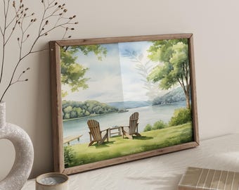 Lakeview Patio Print: Adirondack Chairs, Tranquil Nature Scene (Digital Download)