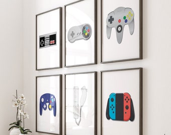 Stampe di controller per videogiochi vintage, decorazioni per stanze da gaming per appassionati (download digitale)
