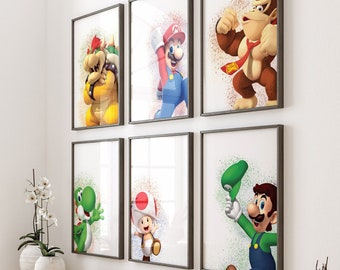Mario Posters, Galaxy wall art, Color Splash Art, Kids Gaming Room Decor, Set of 6, Digital Download