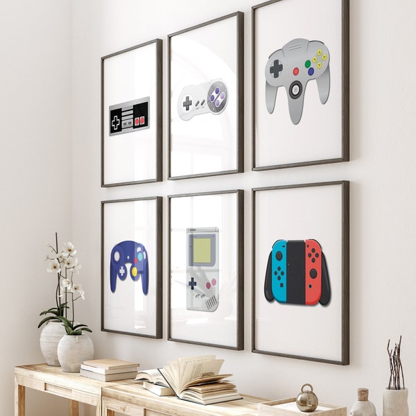 Retro video game controller Wall Decor, Digital Prints, Game room poster, Geeky art, Gaming room, set of 6, Gaming Prints, White background