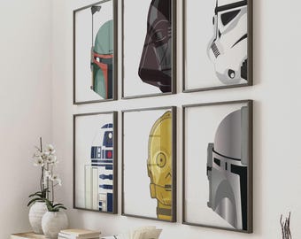 SW Helmset Digitaldrucke, minimalistische Space Wars druckbare Wandkunst, Teenagerzimmer Wandkunst, Druckset von 6, Vader, Fett, Mandolorian, Droids