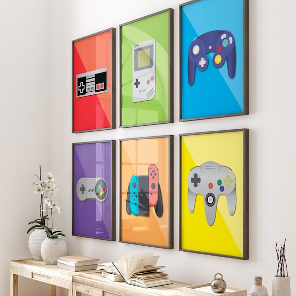 Retro video game controller Wall Decor, Digital Prints, Game room poster, Geeky art, Gaming room, set of 6, Gaming Prints