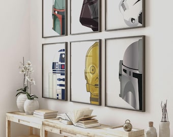 Minimalistische Star Wars-muurkunst, helmafdrukken, jongenskamerposters, set van 6 (digitale download)