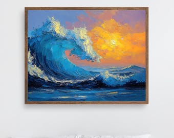 Ocean Wave Impasto Painting | Vibrant Sunset Coastal Wall Art, Blue & Yellow Textured Seascape Print (Digital Download)