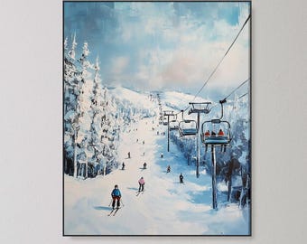 Vintage Ski Hill, Oil Painting Print, sky Lodge printable, Winter Lodge Wall Art (Digital Download)
