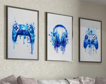 Gamer Teen Room Prints, Blue Watercolor Gaming Wall Art Set (Digital Download)