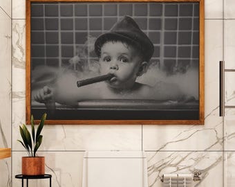 Mobster Baby Bathroom Wall Art Print | Funny Black & White Baby with Cigar | Vintage Gangster Nursery Decor | Humorous Bathroom Art