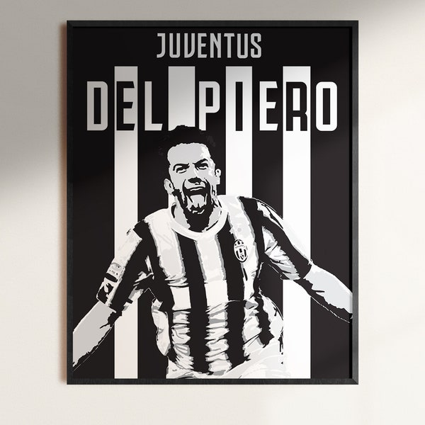 Cartel minimalista de Del Piero, DIGITAL, pared del equipo de fútbol en blanco y negro, impresiones artísticas, fútbol, cartel imprimible digital, decoración deportiva