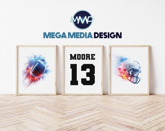 Custom Football Name & Number Print Set, Personalized Football Wall Art, Kids Football Room Decor, Football Poster Set, Digital Download