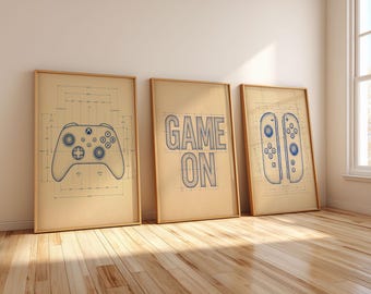 Gaming Blueprint Wall Art Set of 3, xbox, Switch 2, Gamer Room Decor, Digital Download