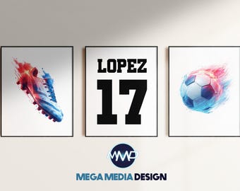 Personalized Soccer Wall Art, Kids Soccer Room Decor, Soccer Poster Set, Football Wall Art, Digital Download, Custom Soccer Name & Number