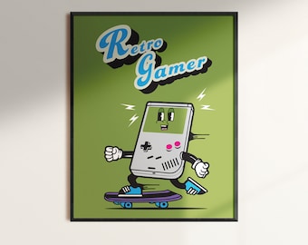 May include: A green poster with the text "Retro Gamer" in blue and black lettering. A cartoon Game Boy is skateboarding with a happy expression on its screen.