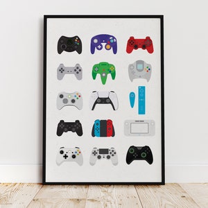May include: A black framed print featuring a collection of video game controllers from different consoles, including the Nintendo 64, Playstation, Xbox, and Wii. The controllers are arranged in rows and are all in different colors.