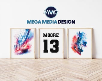 Personalized Hockey Wall Art, Kids Hockey Room Decor, Hockey Poster Set, Hockey Wall Art, Digital Download, Custom Hockey Name & Number