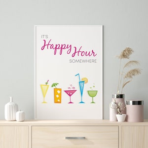 Cocktail Bar Decor, het is Happy Hour ergens afdrukbare Wallart, retro feestdecor, Bar Cart Decor, Midcentury veelkleurig bord
