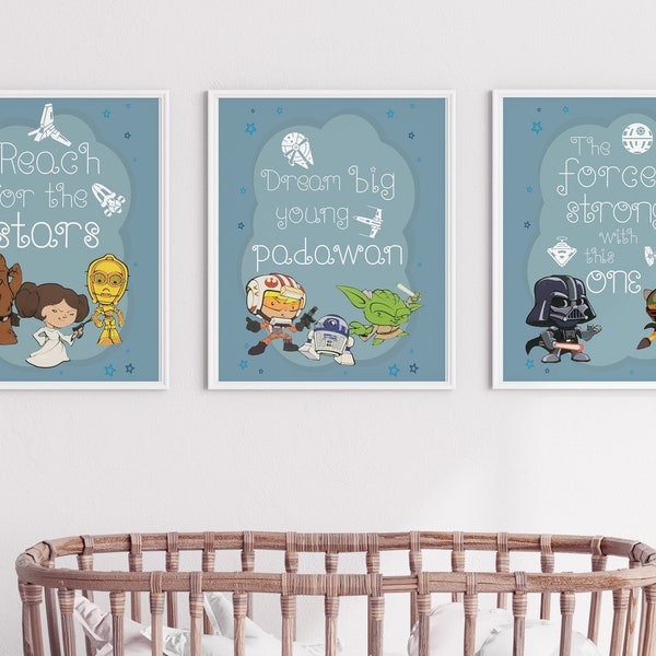 Space Themed Nursery Printable art, Set of 3, Gender Neutral, blue Kids Room Wall Art, Movie Quote Prints, Star Wars Playroom Decor