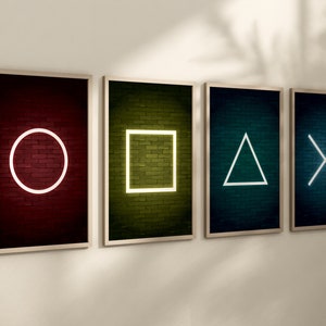 Play station Symbols Wall Decor, Digital Prints, Video Game Room Poster, Gift for Teen, Gaming room, video game controller, neon, set of 4