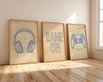 Blueprint Gaming Wall Art, Sketched Gaming, Gamer Art, Boys Room Posters, Set of 3 (Digital Download)