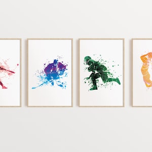Impressões de arte de parede esportiva para quarto infantil, conjunto de 4, pôster digital para impressão, impressão para quarto de meninos, decoração esportiva, beisebol, hóquei, futebol, cesta
