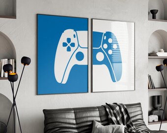 Blue and White Gaming Controller Prints: Game Room Wall Decor, man cave art, controller wall art (Digital Download)