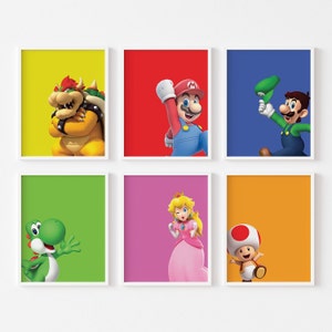 Mario Digitales Wandbild, Wanddekoration, Gaming Posters, Videospiel-Raum-Poster, Druckset von 6 Stück, Geschenk für Jungen, Spielzimmer, Man Cave Wandkunst,