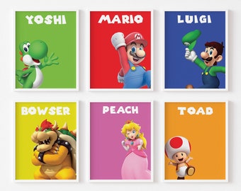 Mario Digital wall art, kids Wall Decor, Gaming posters, Video Game Room Posters, Print set of 6,Gift for boy, Gaming room