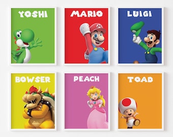 Mario Prints: Kids Room Decor, Gaming Posters, Digital Download, set of 6, Luigi, Yoshi