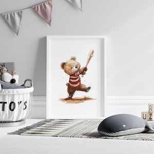 Baseball Bear Nursery Print, Sports Wall Art for Baby Boy Room, Cute Teddy Bear Digital Download, Kids Baseball Theme Poster Decor