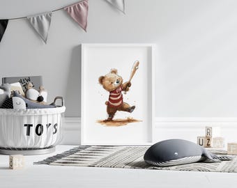 Vintage Teddy Bear Sports, Nursery Baseball Theme, Nursery Printable, Baby Boy Decor, Instant download