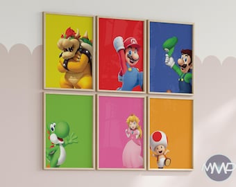 May include: Six framed art prints featuring characters from the Super Mario video game series. The prints showcase Bowser, Mario, Luigi, Yoshi, Princess Peach, and Toad against colorful backgrounds of yellow, red, blue, green, pink, and orange.