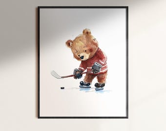 Hockey Bear Nursery Print: Watercolor Sports Room Decor,Baby's room art (Digital Download