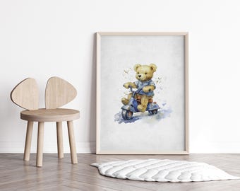 Teddy Bear Riding Bicycle Nursery Print, Baby Boy Decor (Digital Download)