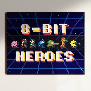 8-Bit Heroes Retro Gaming poster,  NES controller Wall Decor, Digital Prints, Video Game Room Poster, retro gamer, vintage video games