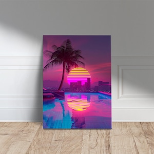 Puede incluir: Impresión en lienzo que representa una vibrante escena de atardecer sobre un horizonte urbano. La obra presenta una silueta de palmera, una piscina que refleja el atardecer y un sol de color neón. La paleta de colores incluye tonos de rosa, morado, amarillo y azul.