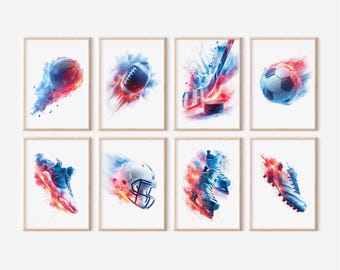 Sports Wall Art Prints, Basketball Football Hockey Soccer Posters, 8 set, Boys room (Digital Download)