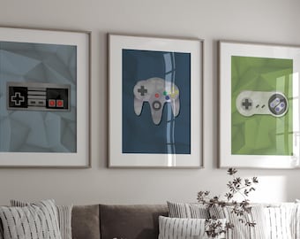 Retro Game Controller Art Prints: Polygonal Style, Set of 3 (Digital Download)
