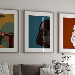 SW Helmset Digitaldrucke, minimalistische Space Wars druckbare Wandkunst, Teenagerzimmer Wandkunst, Print-Set von 3, vader, fett.