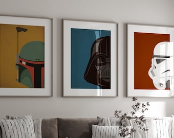 SW Helmset Digitaldrucke, minimalistische Space Wars druckbare Wandkunst, Teenagerzimmer Wandkunst, Print-Set von 3, vader, fett.