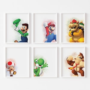 Mario Digital wall art, Color splash Wall Decor, Poster di gioco, Poster per sala videogiochi, Set di 6 stampe per ragazzi, Sala giochi, sfondo bianco