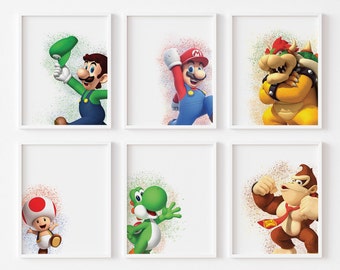 Mario Digital wall art, Color splash Wall Decor, Gaming posters, Video Game Room Poster, Boys print set of 6, Gaming room, white background