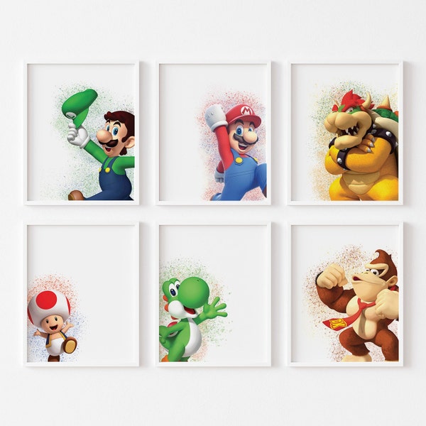 Mario Digital wall art, Color splash Wall Decor, Gaming posters, Video Game Room Poster, Boys print set of 6, Gaming room, white background