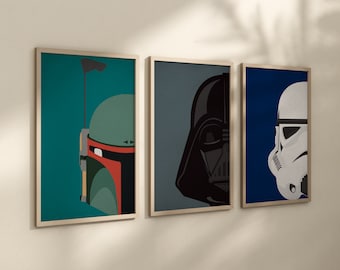 SW Helmset Digitaldrucke, minimalistische Space Wars druckbare Wandkunst, Teenagerzimmer Wandkunst, Print-Set von 3, vader, fett.