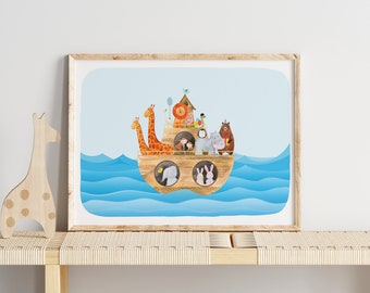 Print kinderkamer Ark van Noach: christelijke bijbelkunst (digitale download)