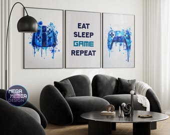 Blue Gaming Prints Set, Watercolor Controller Art, Boys Room Decor, Teen Room (Digital Download)