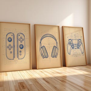 Gaming Blueprint Wall Art Set of 3, Switch 2 Joy-Con, PS5 Controller & PS5 Headset Prints, Gamer Room Decor, Digital Download