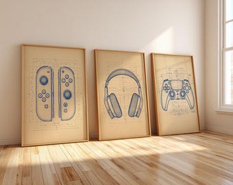 Gaming Blueprint Wall Art Set, Controller, Joy-Con, Headset Prints (Digital Download)