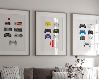 Conjunto de impressão artística da evolução do controle de videogame: decoração retrô para sala de jogos (download digital)
